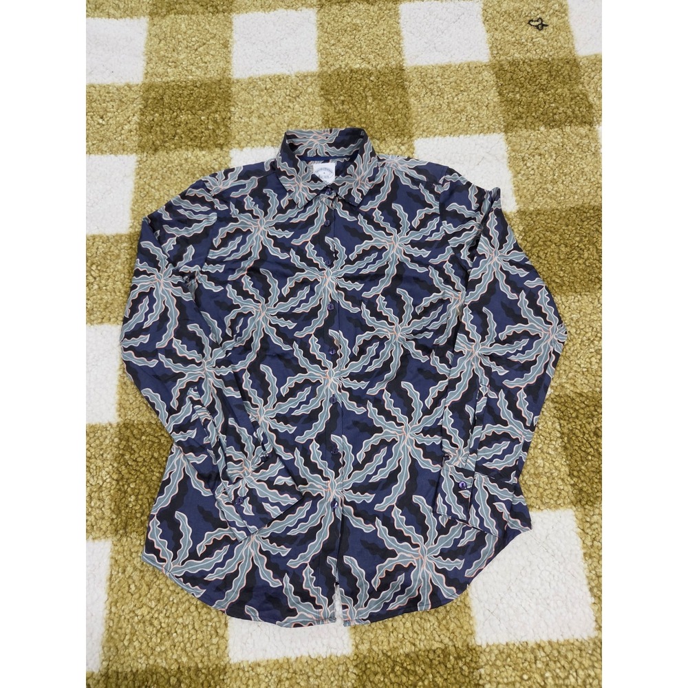 Brooks Brothers Mens 4 Fitted Cotton Button Down Shirt Navy Grey Abstract Print